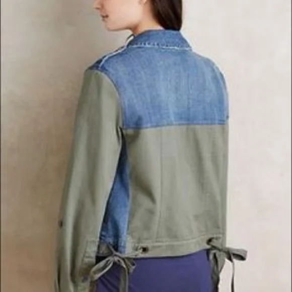 Anthropologie Pilcro & The Letterpress Denim Jacket Green Sleeves Military Boho - Picture 2 of 12